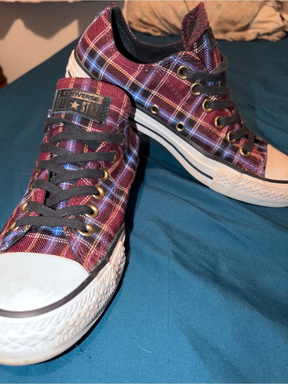 Converse Burgundy Plaid Low Top Sneakers with Black Laces